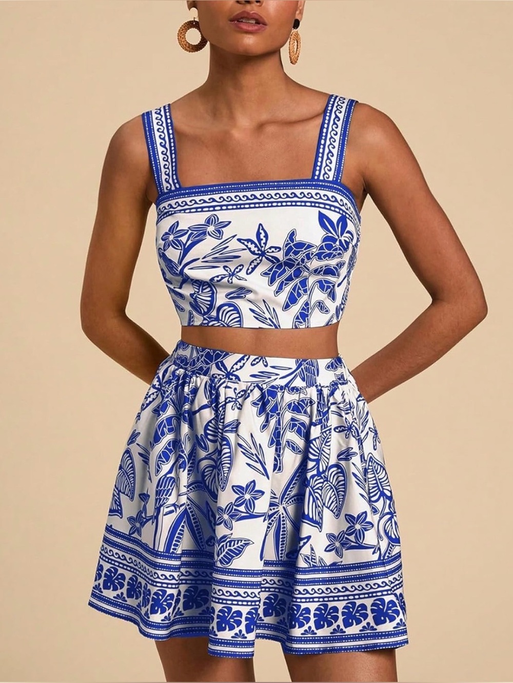 Blue and White Floral Two-Piece Crop Top & Skirt Set NEW - Picture 5 of 7